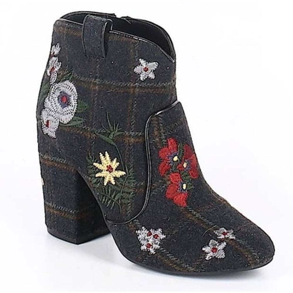 Indigo Rd. Flannel Plaid Floral Embroidered Ankle Booties Gray Multicolor 9
